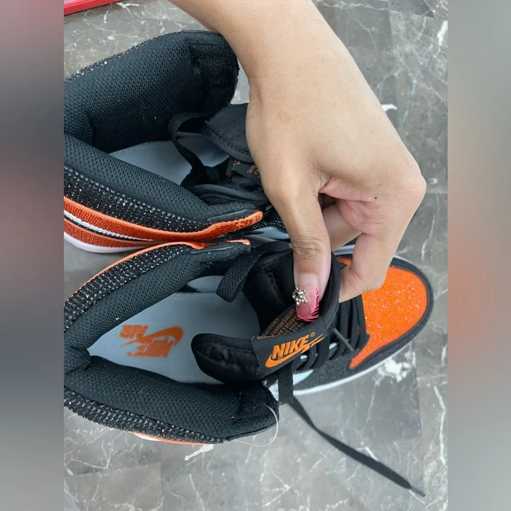 Custom Black, Orange & White Rhinstone Nike Air Jordan Sneakers, Men's 8/ Womens